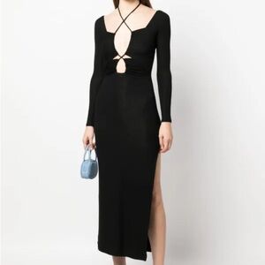 Lama Jouni Revolve Cut-Out Front Halter Tie Neck Long Black Dress w Side Slits